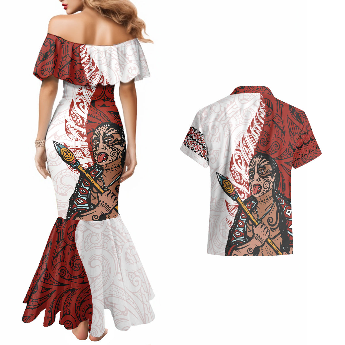 Maori Warrior Couples Matching Mermaid Dress and Hawaiian Shirt Silver Fern New Zealand Map With Kowhaiwhai Pattern LT03 - Polynesian Pride