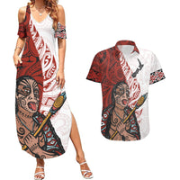 Maori Warrior Couples Matching Summer Maxi Dress and Hawaiian Shirt Silver Fern New Zealand Map With Kowhaiwhai Pattern LT03 Red - Polynesian Pride