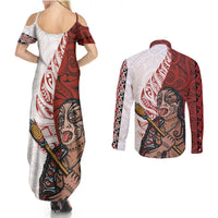 Maori Warrior Couples Matching Summer Maxi Dress and Long Sleeve Button Shirts Silver Fern New Zealand Map With Kowhaiwhai Pattern LT03 - Polynesian Pride