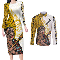 Maori Warrior Couples Matching Long Sleeve Bodycon Dress and Long Sleeve Button Shirts Silver Fern New Zealand Map With Kowhaiwhai Pattern LT03 Gold - Polynesian Pride