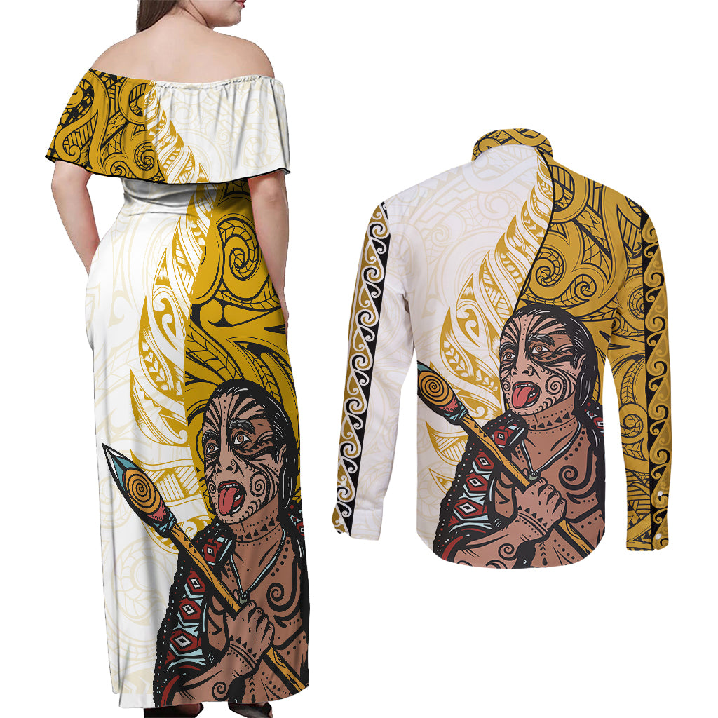 Maori Warrior Couples Matching Off Shoulder Maxi Dress and Long Sleeve Button Shirts Silver Fern New Zealand Map With Kowhaiwhai Pattern LT03 - Polynesian Pride