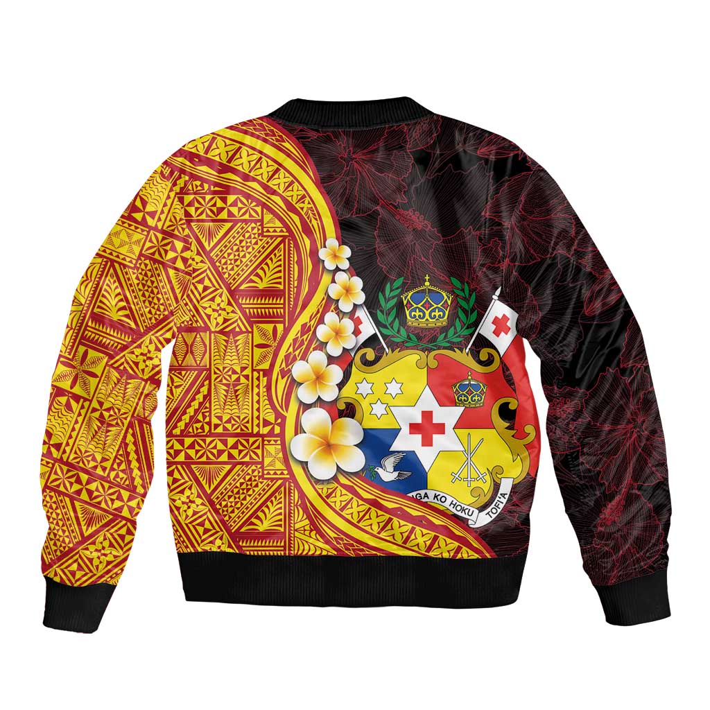 Tonga Culture Bomber Jacket Ngatu Pattern with Plumeria and Hibiscus