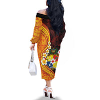 Tonga Culture Family Matching Off The Shoulder Long Sleeve Dress and Hawaiian Shirt Ngatu Pattern with Plumeria and Hibiscus