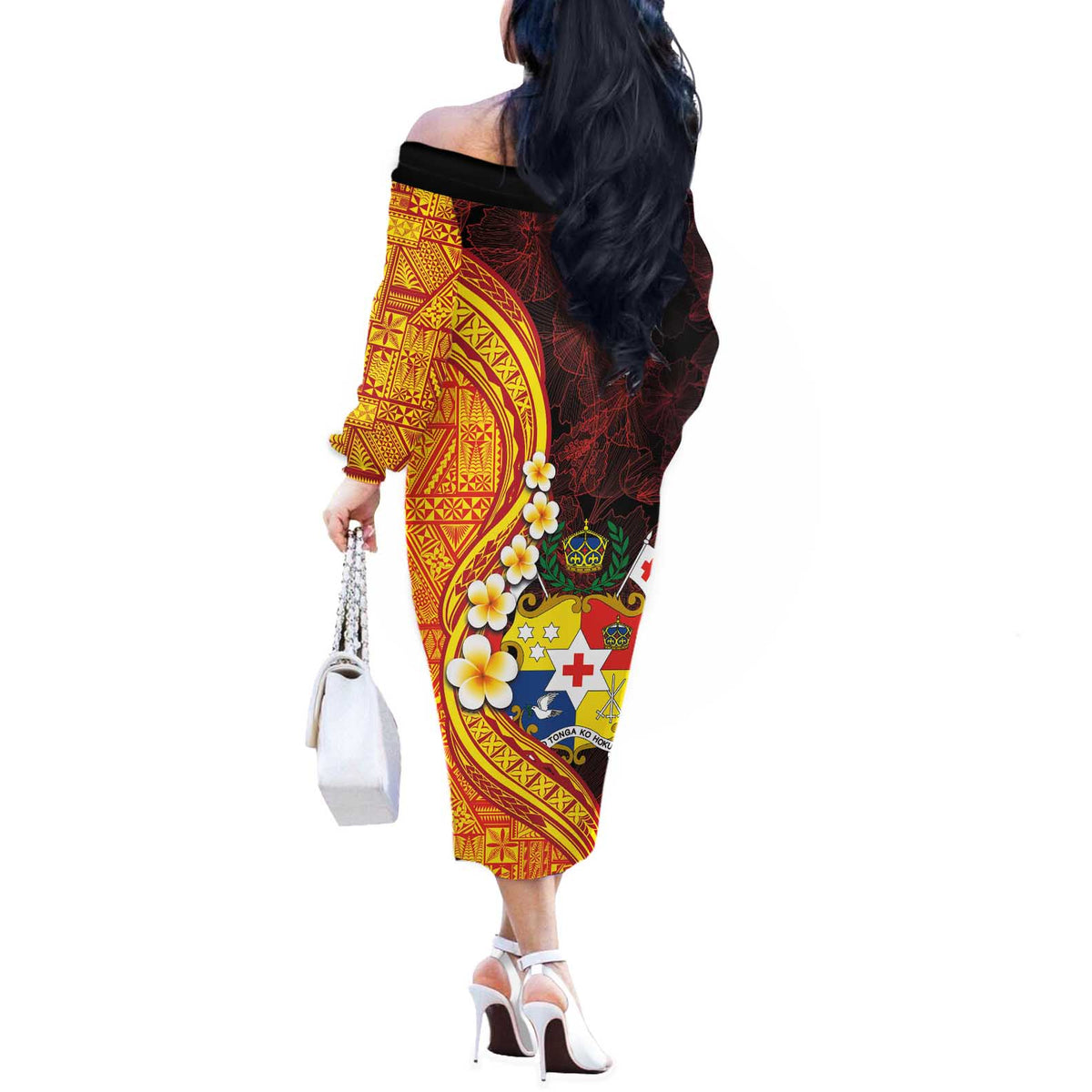 Tonga Culture Off The Shoulder Long Sleeve Dress Ngatu Pattern with Plumeria and Hibiscus