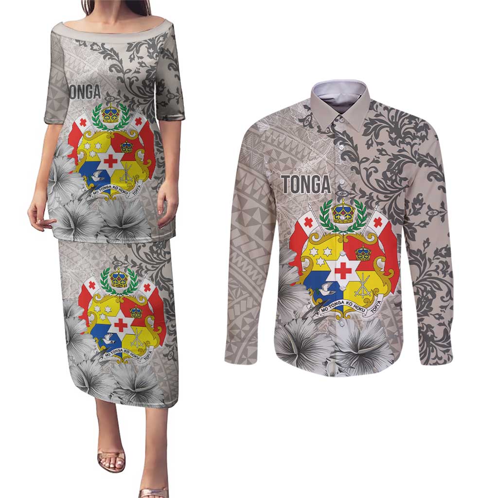 Tonga Culture Couples Matching Puletasi and Long Sleeve Button Shirt Ngatu Pattern and Blooming Hibiscus LT03 Light Gray - Polynesian Pride