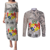Tonga Culture Couples Matching Puletasi and Long Sleeve Button Shirt Ngatu Pattern and Blooming Hibiscus LT03 Light Gray - Polynesian Pride
