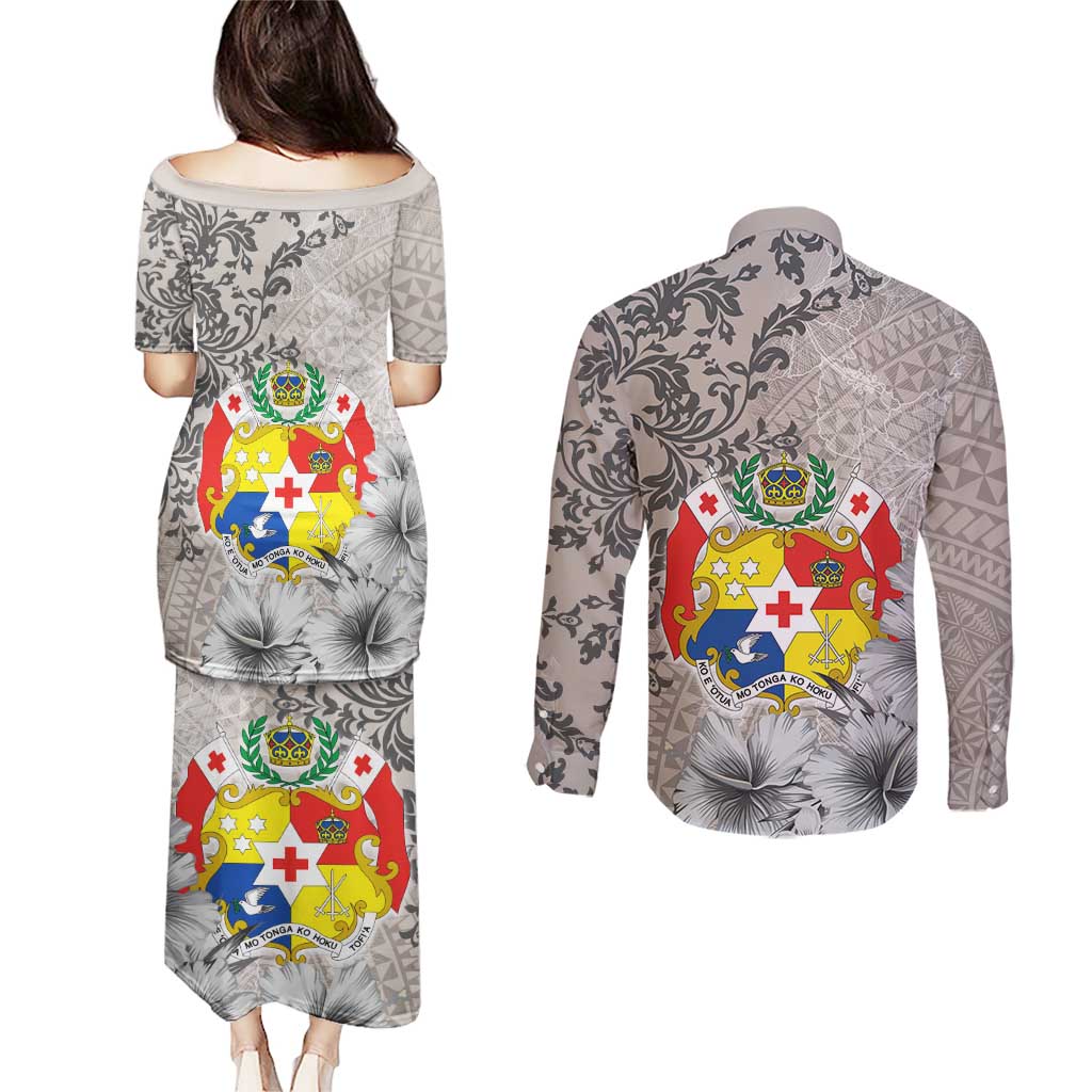 Tonga Culture Couples Matching Puletasi and Long Sleeve Button Shirt Ngatu Pattern and Blooming Hibiscus LT03 - Polynesian Pride