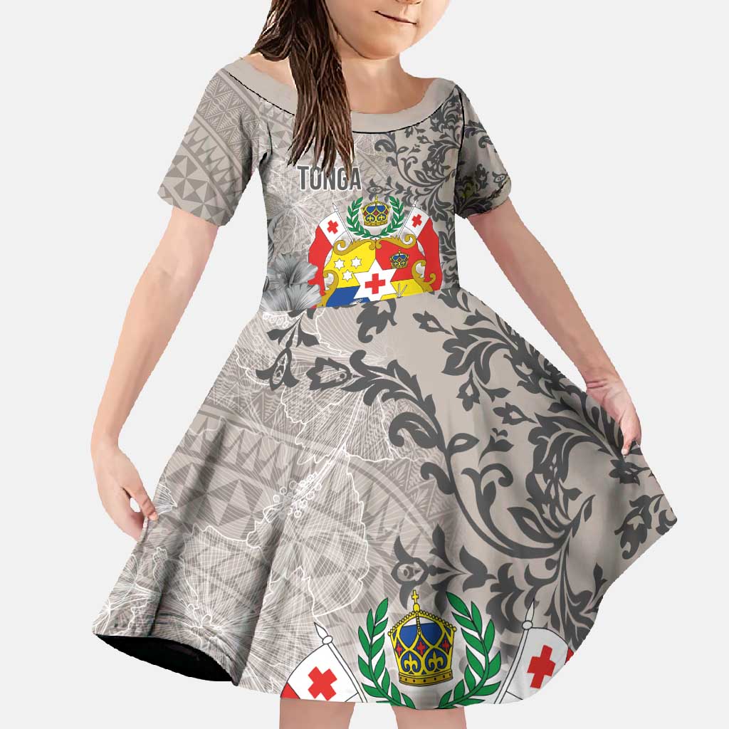 Tonga Culture Family Matching Short Sleeve Bodycon Dress and Hawaiian Shirt Ngatu Pattern and Blooming Hibiscus LT03 Daughter's Dress Light Gray - Polynesian Pride