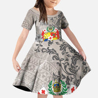 Tonga Culture Family Matching Short Sleeve Bodycon Dress and Hawaiian Shirt Ngatu Pattern and Blooming Hibiscus LT03 Daughter's Dress Light Gray - Polynesian Pride