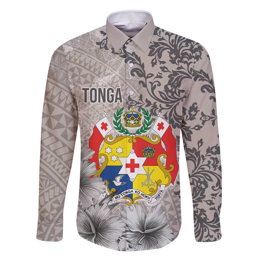 Tonga Culture Family Matching Short Sleeve Bodycon Dress and Hawaiian Shirt Ngatu Pattern and Blooming Hibiscus LT03 Dad's Shirt - Long Sleeve Light Gray - Polynesian Pride