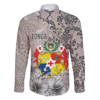 Tonga Culture Family Matching Short Sleeve Bodycon Dress and Hawaiian Shirt Ngatu Pattern and Blooming Hibiscus LT03 Dad's Shirt - Long Sleeve Light Gray - Polynesian Pride