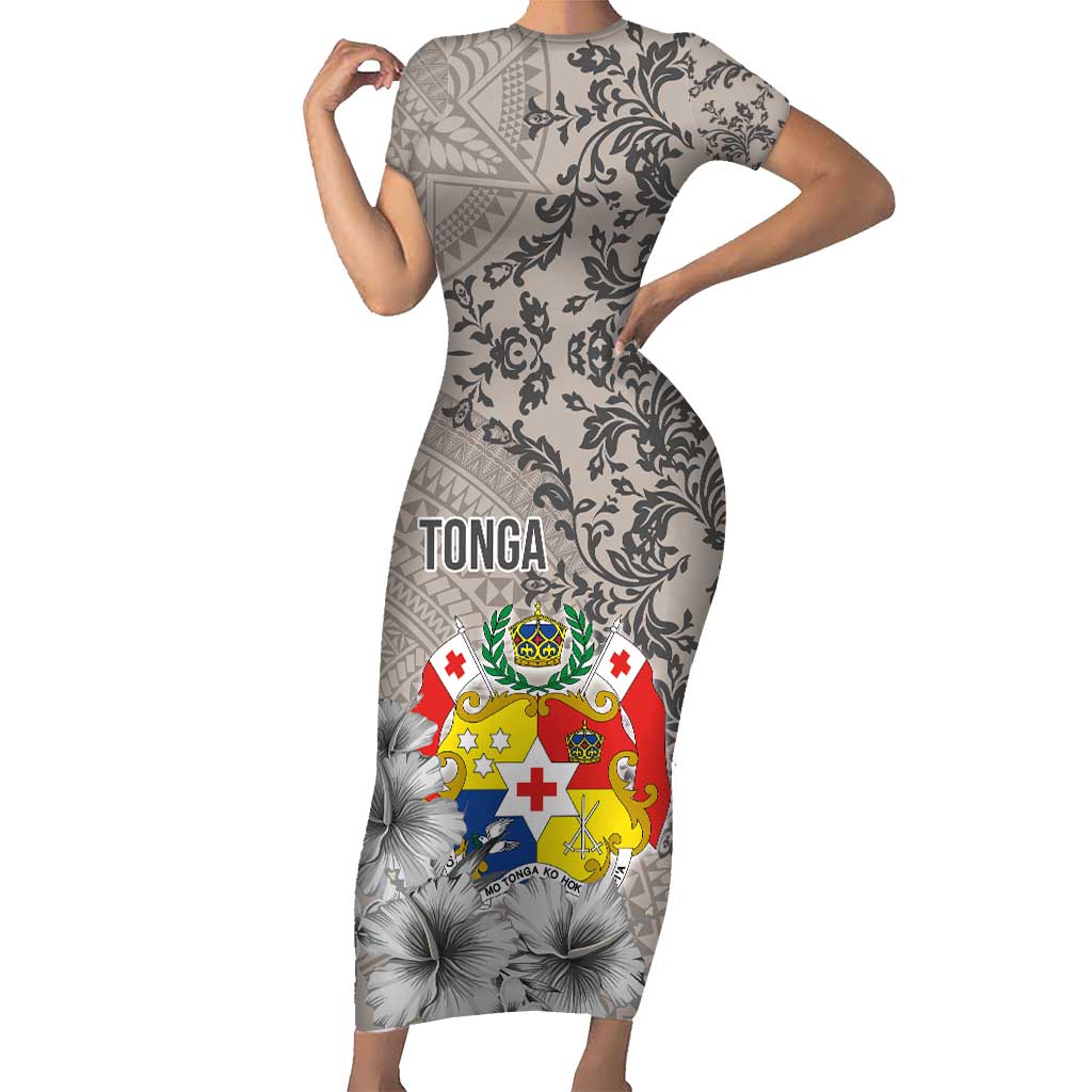 Tonga Culture Family Matching Short Sleeve Bodycon Dress and Hawaiian Shirt Ngatu Pattern and Blooming Hibiscus LT03 Mom's Dress Light Gray - Polynesian Pride