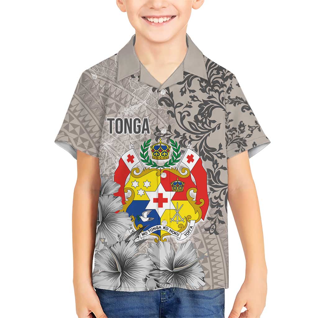 Tonga Culture Family Matching Short Sleeve Bodycon Dress and Hawaiian Shirt Ngatu Pattern and Blooming Hibiscus LT03 Son's Shirt Light Gray - Polynesian Pride