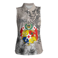 Tonga Culture Women Sleeveless Polo Shirt Ngatu Pattern and Blooming Hibiscus LT03 Female Light Gray - Polynesian Pride