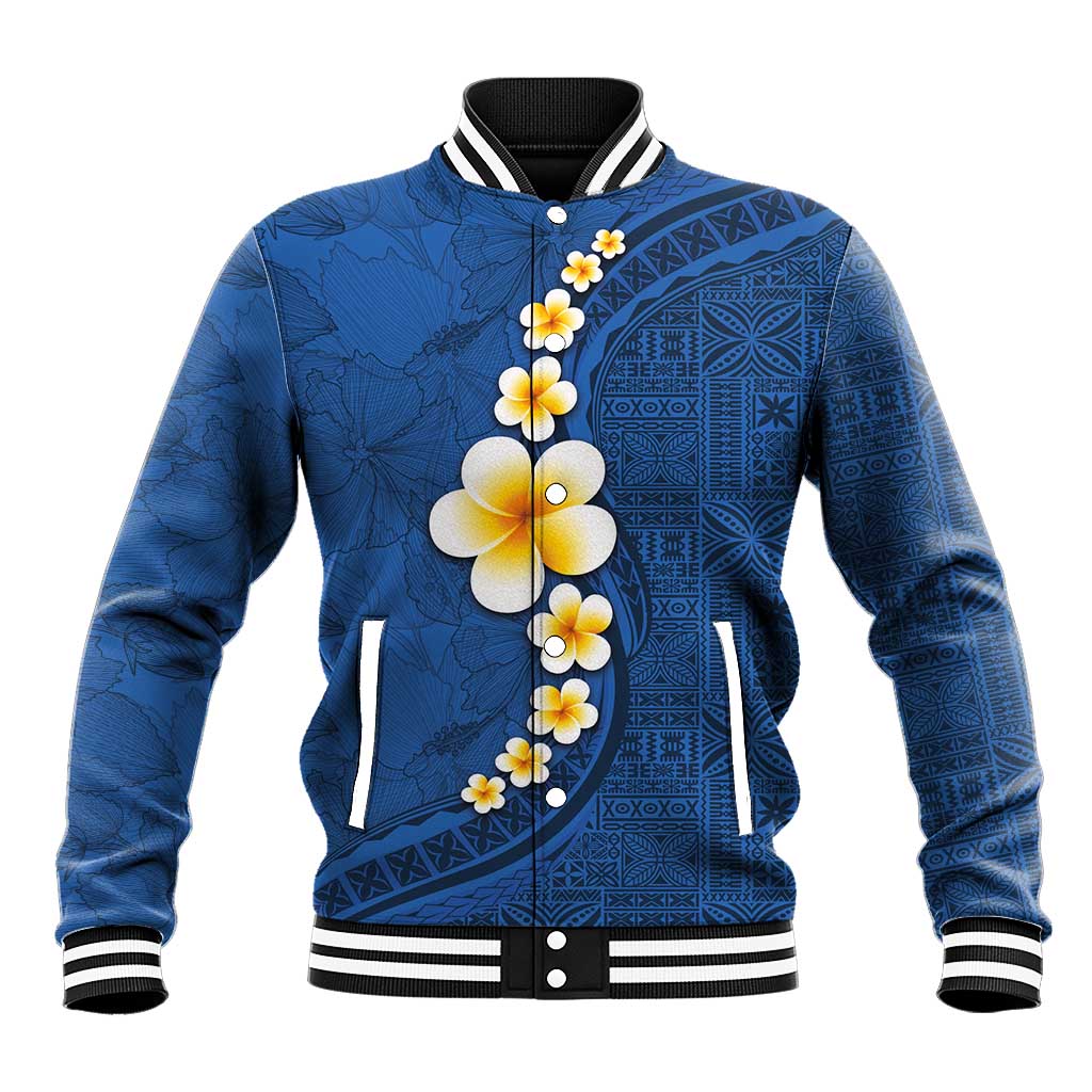 Polynesian Hibiscus and Plumeria with Tapa Pattern Baseball Jacket Blue Color