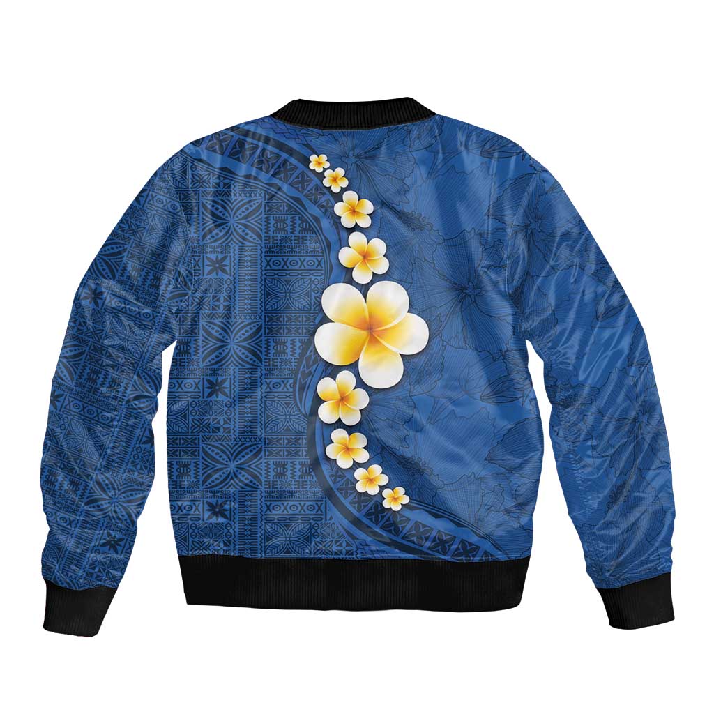 Polynesian Hibiscus and Plumeria with Tapa Pattern Bomber Jacket Blue Color