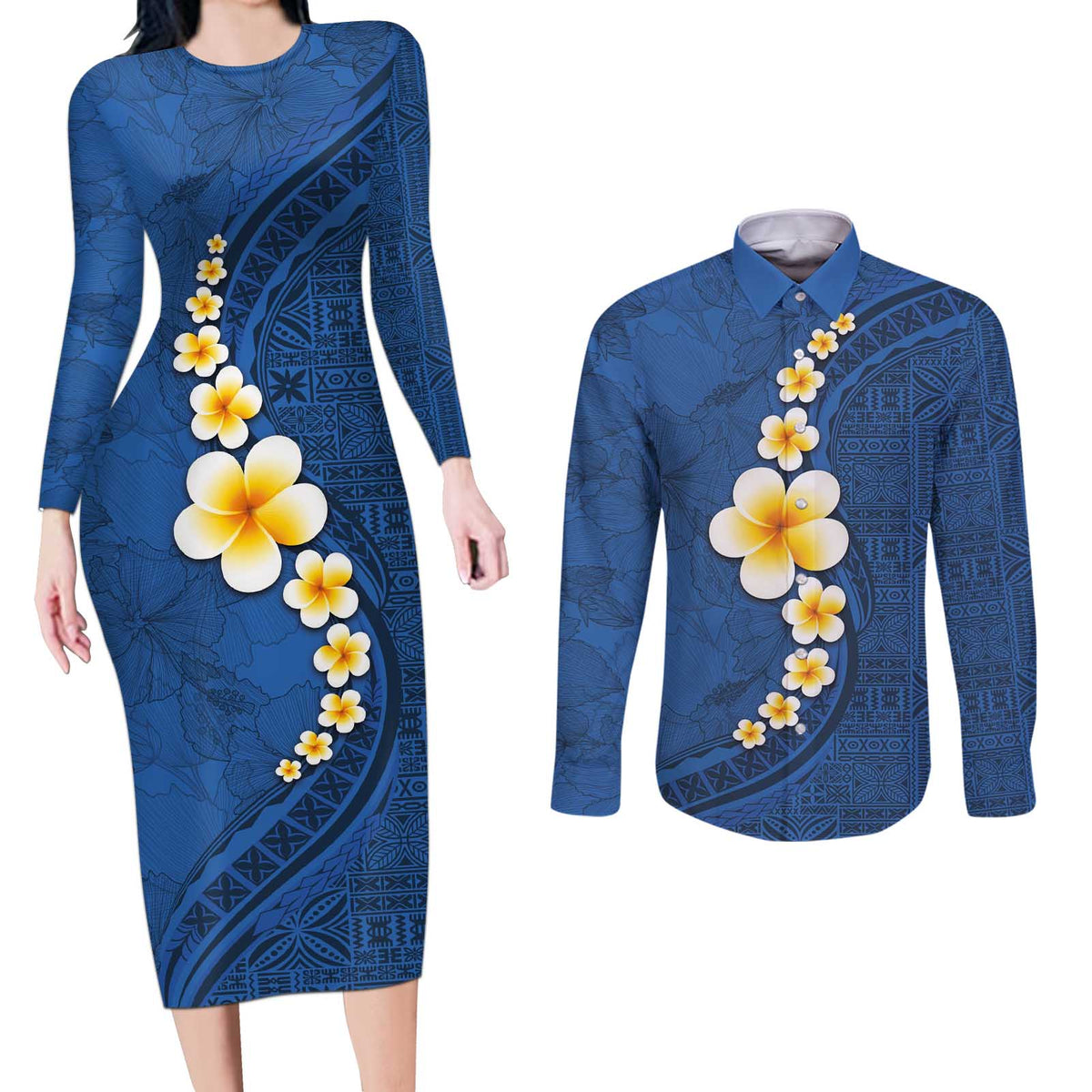 Polynesian Hibiscus and Plumeria with Tapa Pattern Couples Matching Long Sleeve Bodycon Dress and Long Sleeve Button Shirt Blue Color