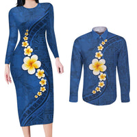 Polynesian Hibiscus and Plumeria with Tapa Pattern Couples Matching Long Sleeve Bodycon Dress and Long Sleeve Button Shirt Blue Color