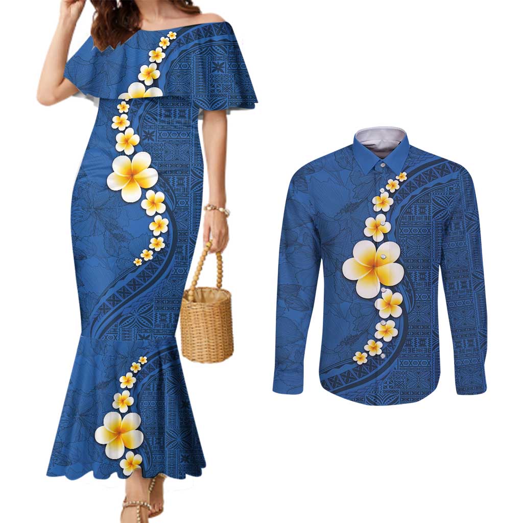 Polynesian Hibiscus and Plumeria with Tapa Pattern Couples Matching Mermaid Dress and Long Sleeve Button Shirt Blue Color