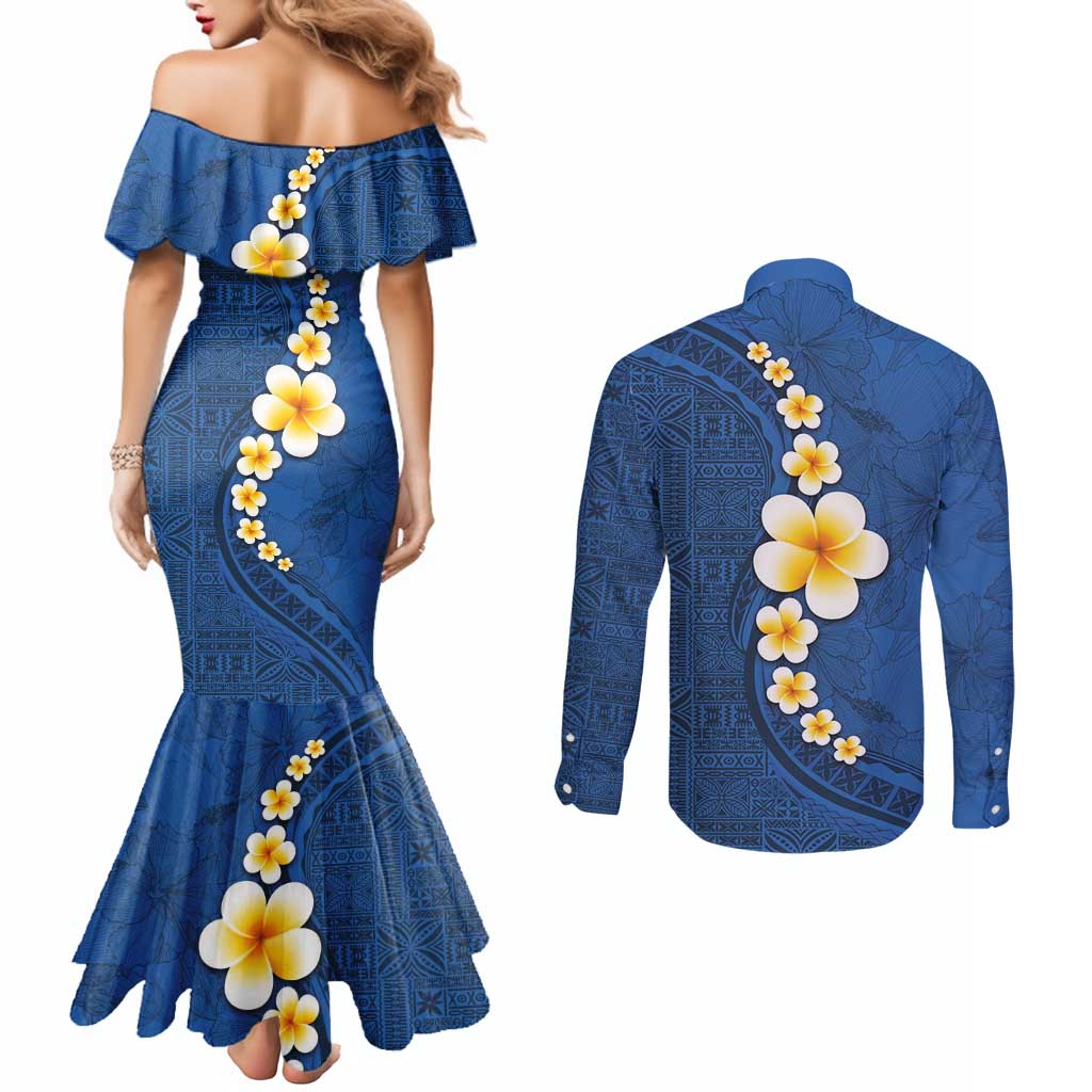 Polynesian Hibiscus and Plumeria with Tapa Pattern Couples Matching Mermaid Dress and Long Sleeve Button Shirt Blue Color