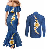 Polynesian Hibiscus and Plumeria with Tapa Pattern Couples Matching Mermaid Dress and Long Sleeve Button Shirt Blue Color
