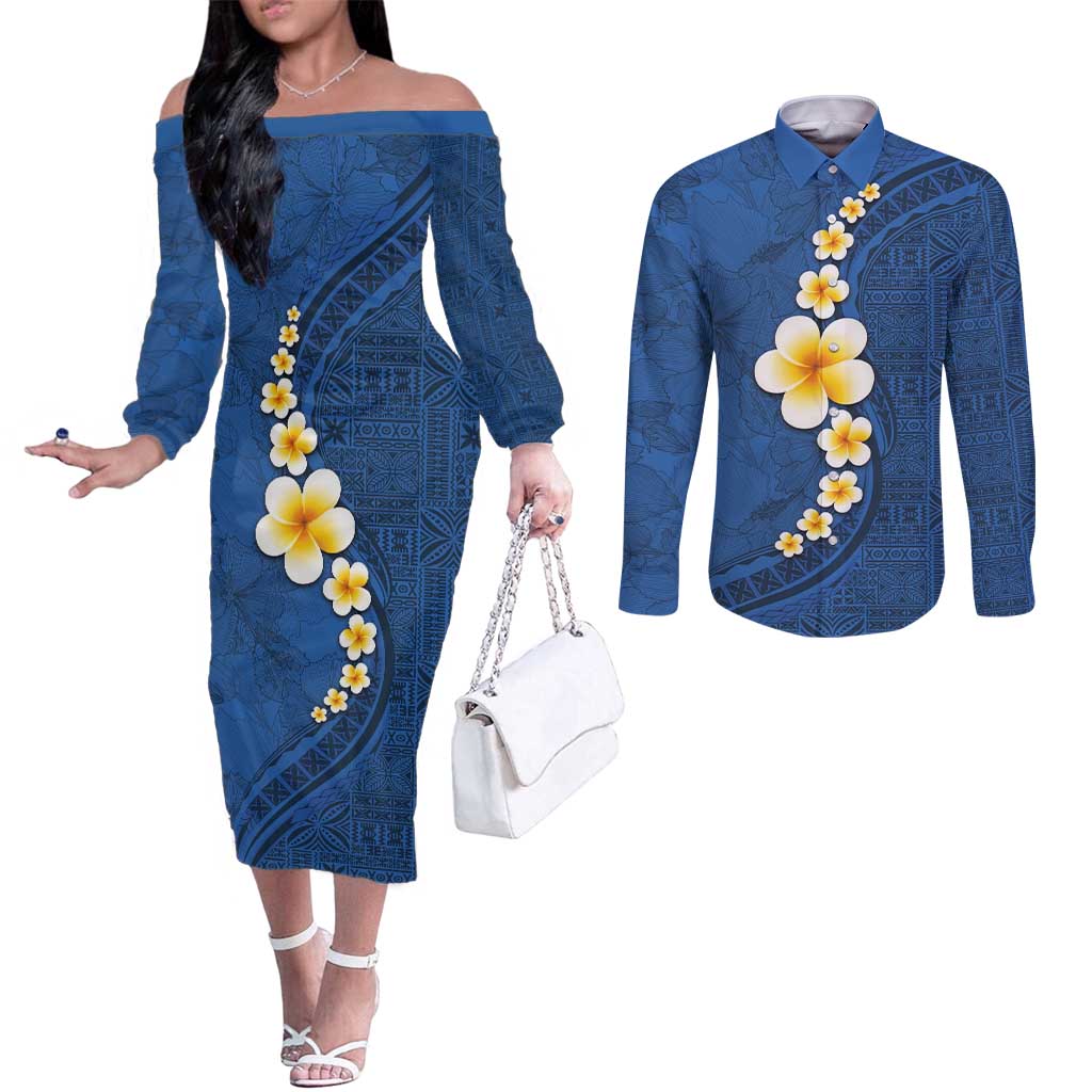 Polynesian Hibiscus and Plumeria with Tapa Pattern Couples Matching Off The Shoulder Long Sleeve Dress and Long Sleeve Button Shirt Blue Color