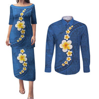 Polynesian Hibiscus and Plumeria with Tapa Pattern Couples Matching Puletasi and Long Sleeve Button Shirt Blue Color