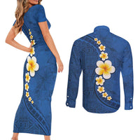 Polynesian Hibiscus and Plumeria with Tapa Pattern Couples Matching Short Sleeve Bodycon Dress and Long Sleeve Button Shirt Blue Color