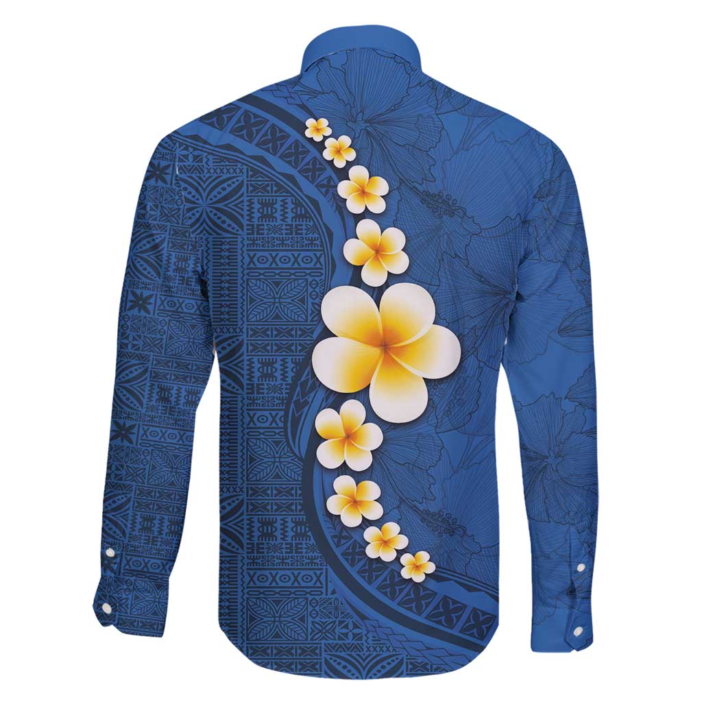 Polynesian Hibiscus and Plumeria with Tapa Pattern Family Matching Mermaid Dress and Hawaiian Shirt Blue Color