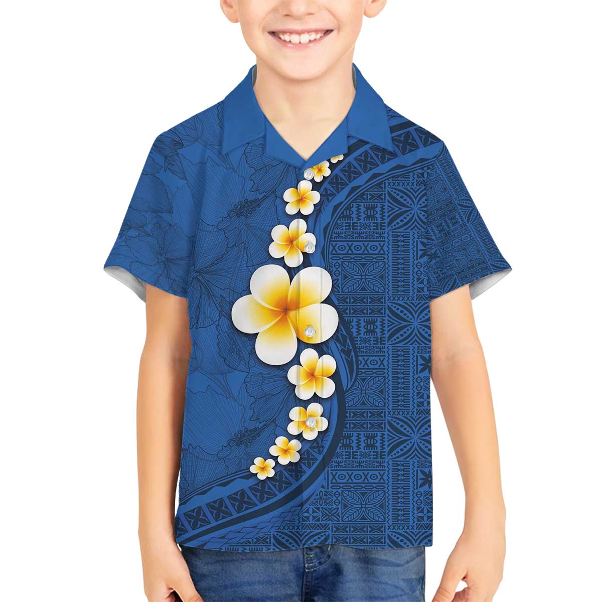 Polynesian Hibiscus and Plumeria with Tapa Pattern Family Matching Off The Shoulder Long Sleeve Dress and Hawaiian Shirt Blue Color