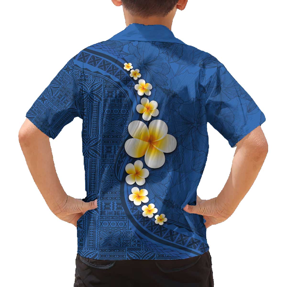 Polynesian Hibiscus and Plumeria with Tapa Pattern Family Matching Puletasi and Hawaiian Shirt Blue Color