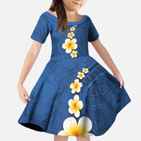 Polynesian Hibiscus and Plumeria with Tapa Pattern Family Matching Tank Maxi Dress and Hawaiian Shirt Blue Color LT03 Daughter's Dress Blue - Polynesian Pride