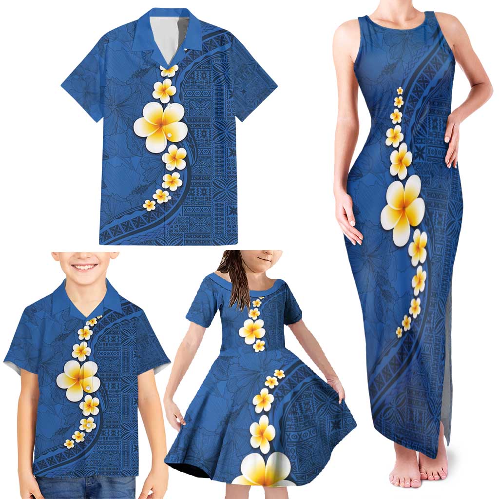 Polynesian Hibiscus and Plumeria with Tapa Pattern Family Matching Tank Maxi Dress and Hawaiian Shirt Blue Color LT03 - Polynesian Pride