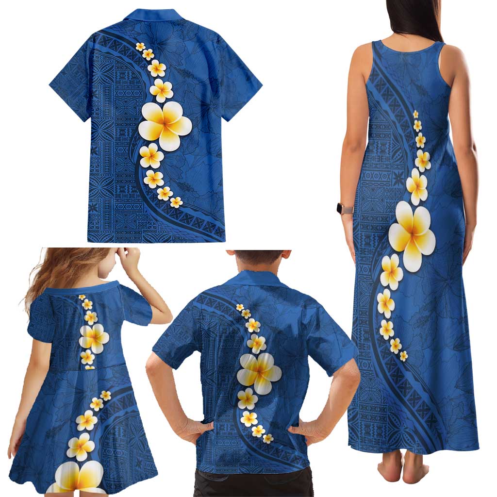 Polynesian Hibiscus and Plumeria with Tapa Pattern Family Matching Tank Maxi Dress and Hawaiian Shirt Blue Color LT03 - Polynesian Pride