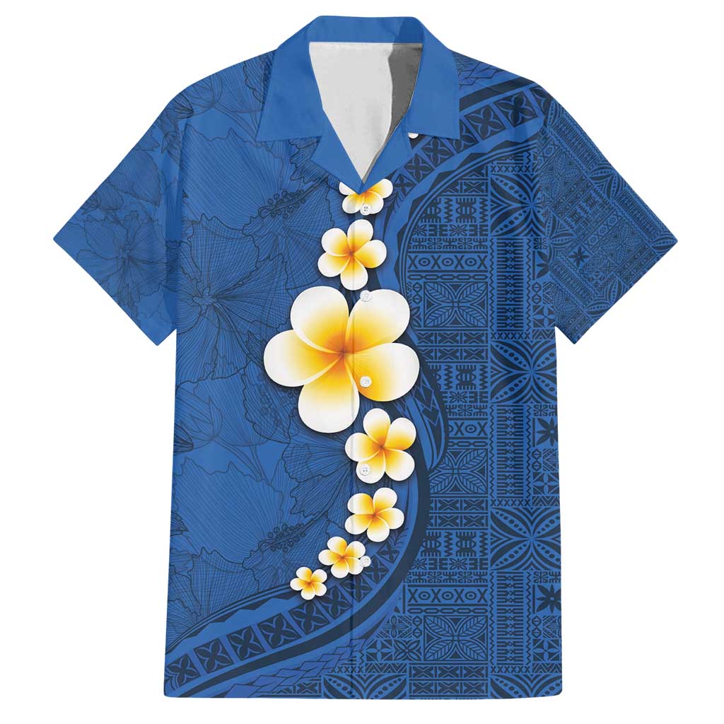 Polynesian Hibiscus and Plumeria with Tapa Pattern Family Matching Tank Maxi Dress and Hawaiian Shirt Blue Color LT03 Dad's Shirt - Short Sleeve Blue - Polynesian Pride