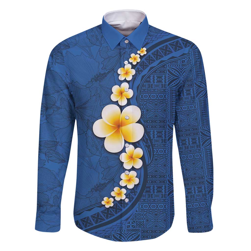 Polynesian Hibiscus and Plumeria with Tapa Pattern Family Matching Tank Maxi Dress and Hawaiian Shirt Blue Color LT03 Dad's Shirt - Long Sleeve Blue - Polynesian Pride