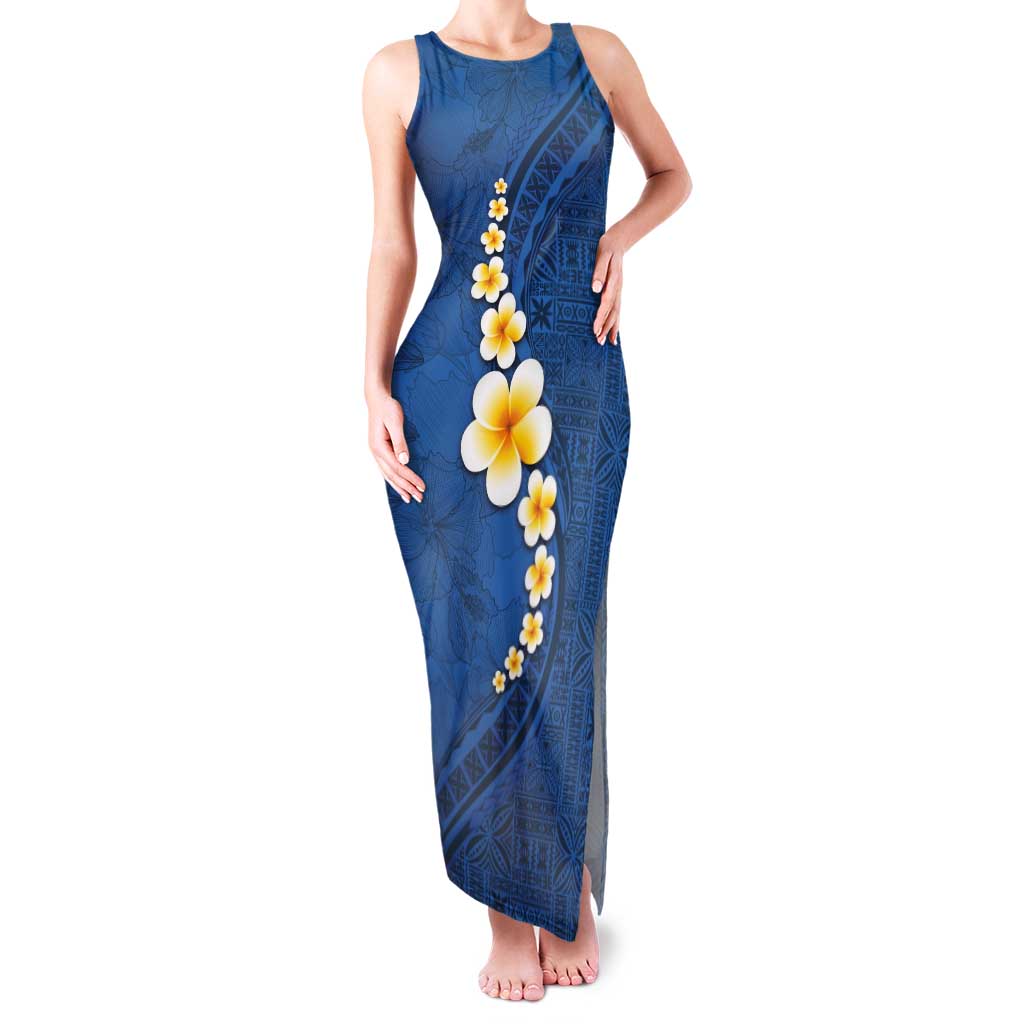 Polynesian Hibiscus and Plumeria with Tapa Pattern Family Matching Tank Maxi Dress and Hawaiian Shirt Blue Color LT03 Mom's Dress Blue - Polynesian Pride
