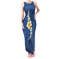 Polynesian Hibiscus and Plumeria with Tapa Pattern Family Matching Tank Maxi Dress and Hawaiian Shirt Blue Color LT03 Mom's Dress Blue - Polynesian Pride