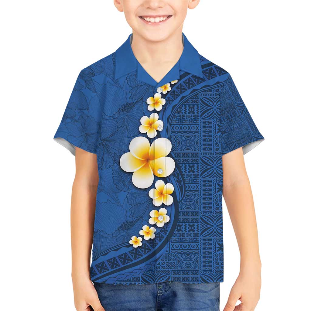 Polynesian Hibiscus and Plumeria with Tapa Pattern Family Matching Tank Maxi Dress and Hawaiian Shirt Blue Color LT03 Son's Shirt Blue - Polynesian Pride