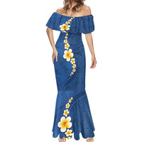 Polynesian Hibiscus and Plumeria with Tapa Pattern Mermaid Dress Blue Color