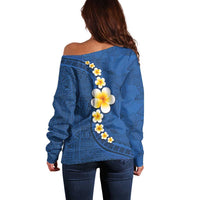 Polynesian Hibiscus and Plumeria with Tapa Pattern Off Shoulder Sweater Blue Color
