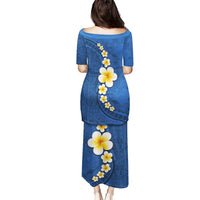 Polynesian Hibiscus and Plumeria with Tapa Pattern Puletasi Blue Color