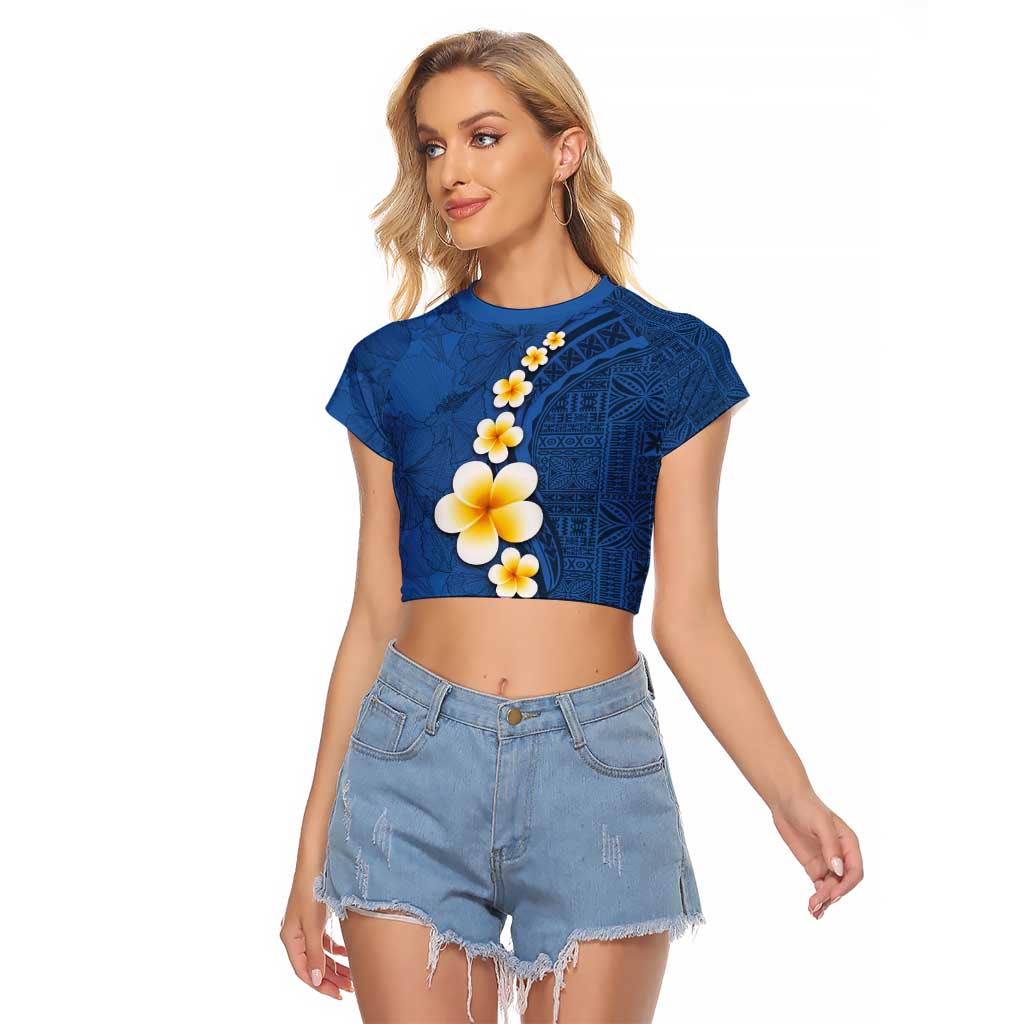 Polynesian Hibiscus and Plumeria with Tapa Pattern Raglan Cropped T Shirt Blue Color LT03 Female Blue - Polynesian Pride