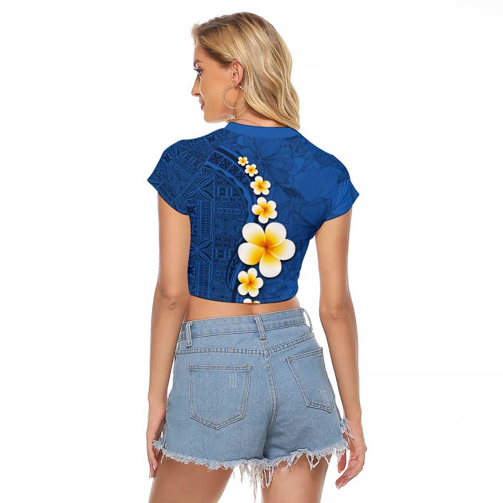 Polynesian Hibiscus and Plumeria with Tapa Pattern Raglan Cropped T Shirt Blue Color LT03 - Polynesian Pride
