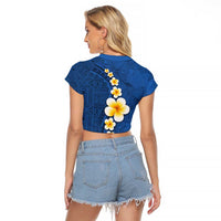 Polynesian Hibiscus and Plumeria with Tapa Pattern Raglan Cropped T Shirt Blue Color LT03 - Polynesian Pride