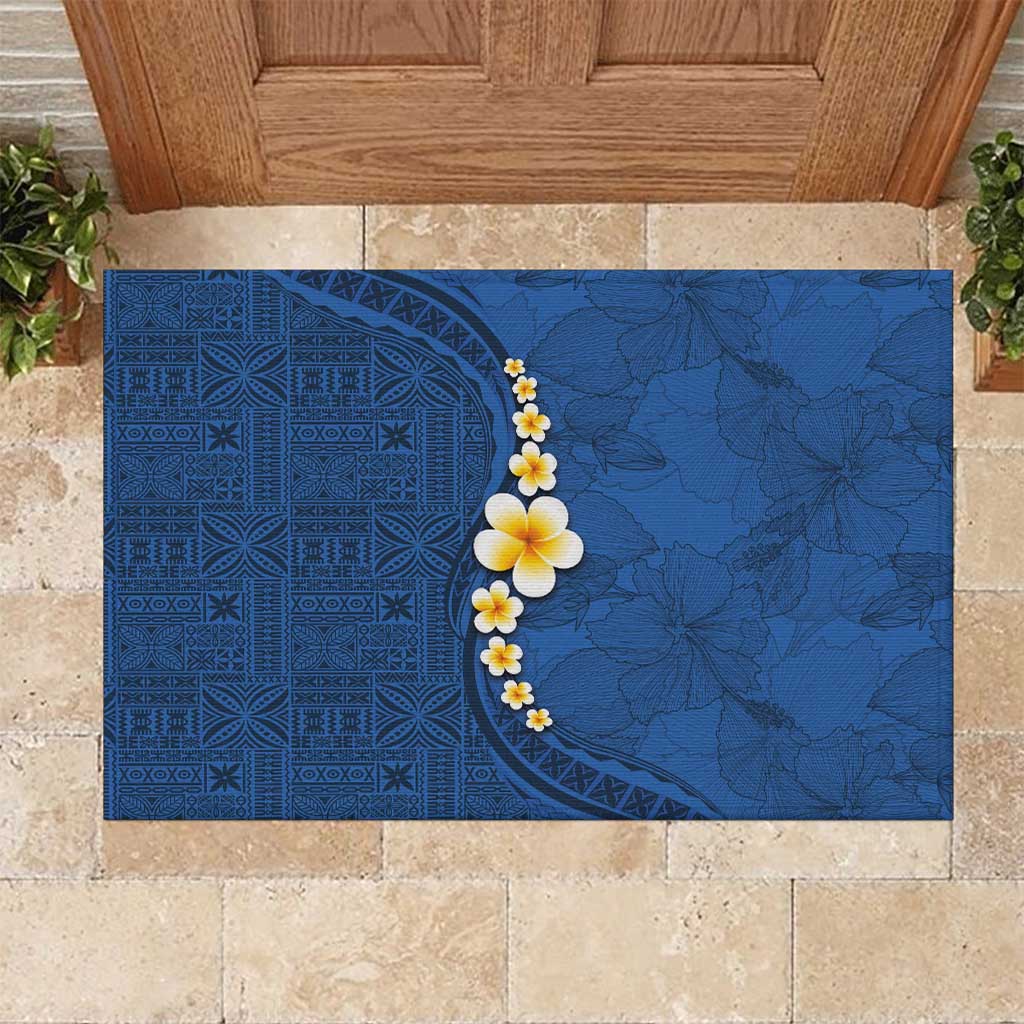 Polynesian Hibiscus and Plumeria with Tapa Pattern Rubber Doormat Blue Color