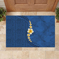 Polynesian Hibiscus and Plumeria with Tapa Pattern Rubber Doormat Blue Color