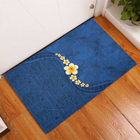 Polynesian Hibiscus and Plumeria with Tapa Pattern Rubber Doormat Blue Color