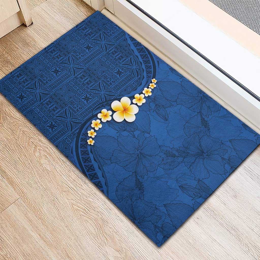 Polynesian Hibiscus and Plumeria with Tapa Pattern Rubber Doormat Blue Color