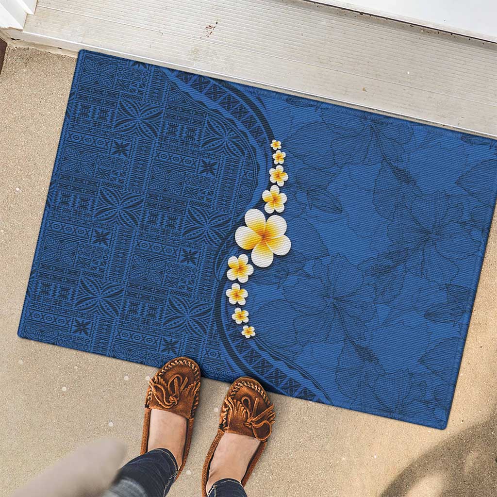 Polynesian Hibiscus and Plumeria with Tapa Pattern Rubber Doormat Blue Color